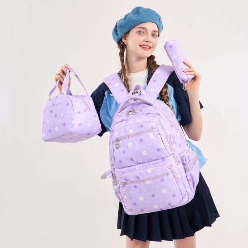 Joyfulife Flower Print Backpack for Girls Backpack with Lunch Box Cute Teen Kids Bookbags Kindergarten Elementary Middle School Bags Teen Casual Daypack - image 2