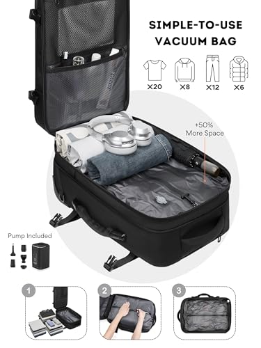 Rolling Vacuum Seal Backpack for Travel, with Hidden Pull Rod, Weight Handle, TSA Lock, Charging Port, fit 19" Laptop, Water Repellent, Carrry-on Luggage for Trip (Vacuum Pump Included)2