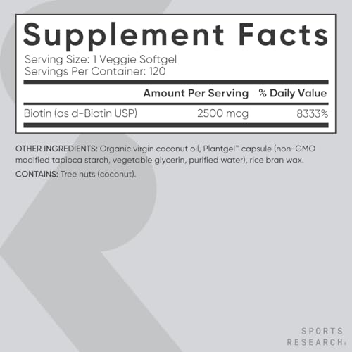 Image of Sports Research Biotin 2,500mcg with Organic Coconut Oil - Biotin (Vitamin B7) for Healthy Skin and Hair Support* - for Women and Men - Vegan, Non-GMO, Gluten & Soy-Free - 120 Veggie Softgels