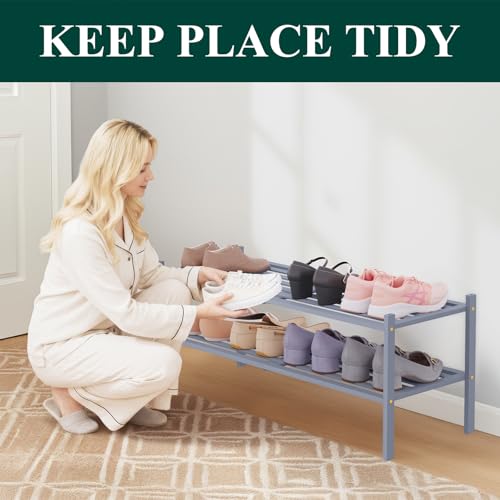 Image of Smiry Bamboo Shoe Rack, 5 Horizontal Slats, 2 Tier - 33.9 inch Wide, Grey