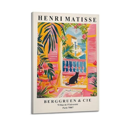 jocrynsi Henri Matisse Black Cat Pink Dopamine Art Wall Art Beige Posters Aesthetic Canvas Wall Art Print Home Decor for Bedroom Living Room08x12inch(20x30cm) Frame-style