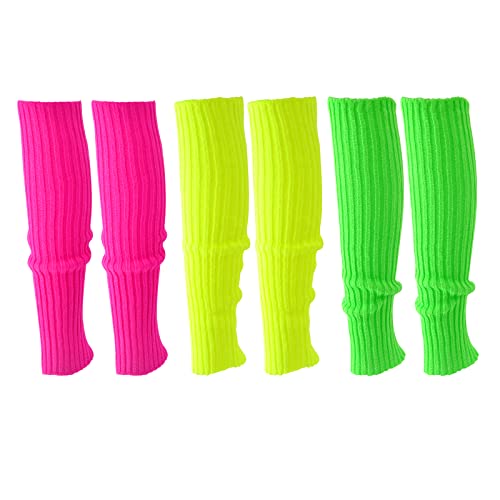 WDFCN 3 Stück 80er 90er Neon Grün Gelbe Rose Bein Stulpen Schweißband Set Neon Strümpfe Gestrickte Stulpen Laufen Stirnband Armbänder für Karneval Tanzen Aerobic Kostüm Zubehör