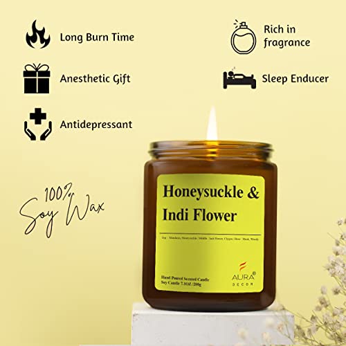 Image of AuraDecor Scented Jar Candle | Handpoured Soy Wax Candle with Long Lasting Burn Time | Premium Amber Jar Aromatherapy Candle | Ideal Gift for Home & Decor (Extra Large, Honeysuckle & Indi Flower)