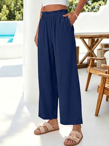 Image of ANRABESS Womens Wide Leg Cropped Palazzo Pants | Lightweight Breathable Elastic High Waisted Pants, Beach Vacation Flowy, Lounge & Casual Summer Trousers with Pockets