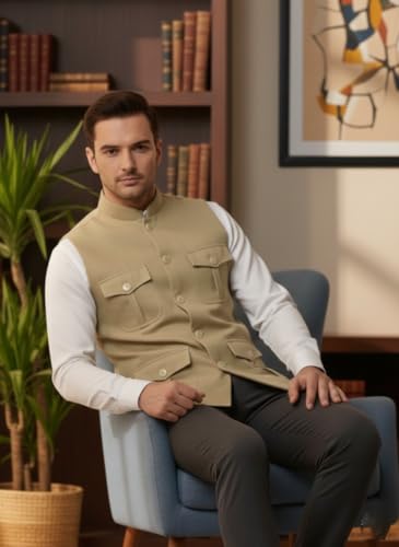Image of LATEST CHIKAN Men's Nehru Jacket | Ethnic Waistcoat with Mandarin Collar | Premium Textured Fabric | Party, Wedding