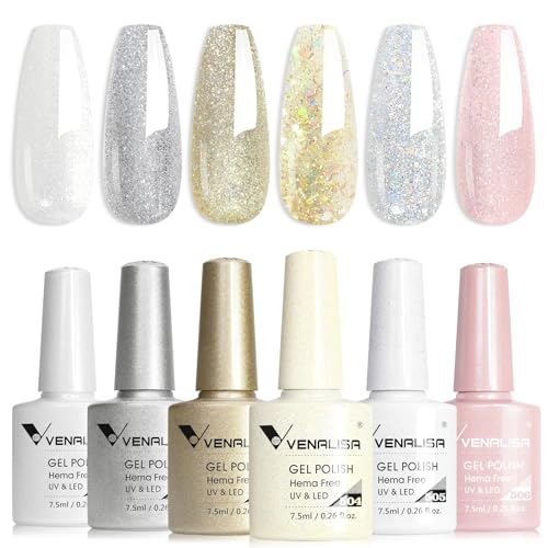 VENALISA Vernis à Ongles Gel Semi Permanent 6 Couleur Lot de Vernis Gel Semi-Permanent paillettes blanc marron or argent rose Naturel Gel Nail Polish UV/LED