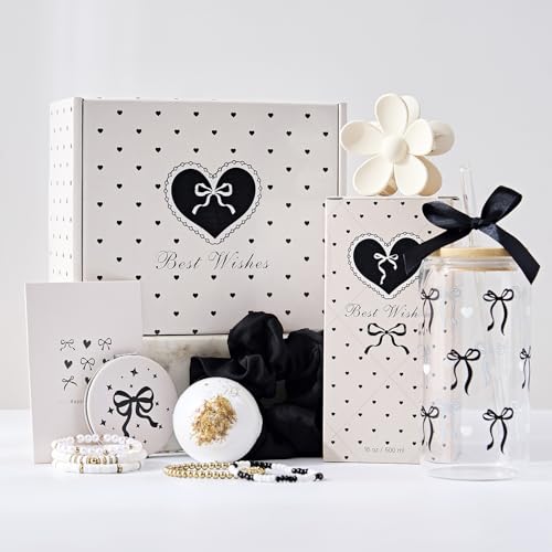 Birthday Gifts for Women Teen Girls, Coquette Black Bow Happy Birthday 7-in-1 Gift Box for Girl, Women, Sister, Daughter, Friends, Cute Black Bow Glass Cups Gift Set, Teen Girl Gifts Trendy Stuff