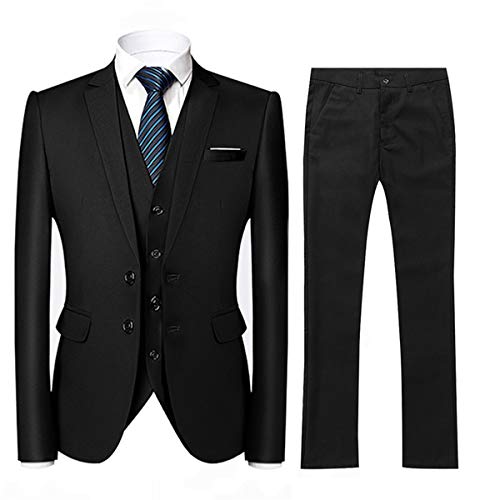 Costume Homme 3 Pièces Slim Fit Smoking Deux Boutons Couleur Unie Mariage Business Confort Elégant Veste Gilet et Pantalon, Noir, L