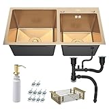 ANW HOME Evier Cuisine 2 Bacs, Évier Inox 78x43 cm, à Encastrer sans Égouttoir, Or PVD avec Revêtement Nano, Épaisseur 3.0+1 mm