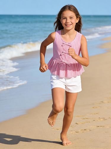 Image of Girls Bowknot Tank Tops Sleeveless Striped Shirts Cotton Peplum Babydoll Top