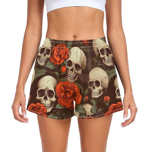 UMIRIKO Sugar Skull Pink Flower Athletic Shorts for Women with Pockets S 202a7568