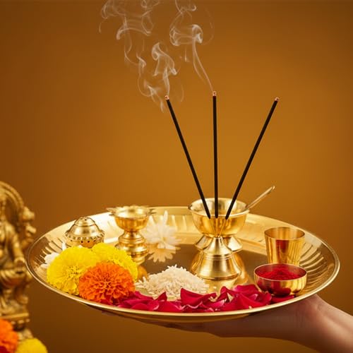 Image of PrettyKrafts Pooja Thali Set Big Size | 8.2 inch Brass Plate, Glass, Spoon, Bowl, Agarbatti Stand, Diya | Golden Thali for Pooja Plate | Puja Ki Thali | Elegant Pooja Thali Brass for Home & Festivals