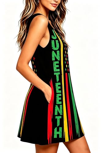Image of Roshop Womens Juneteenth Flag Sleeveless Dress 4th of July Patriotic Swing Sundress with Pockets