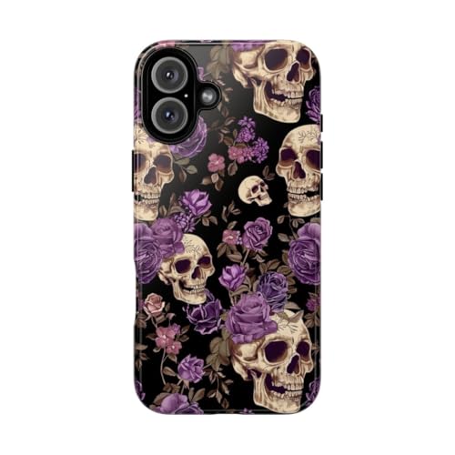 Coque iPhone 16 Plus rigide brillante antichoc motif floral gothique roses crânes