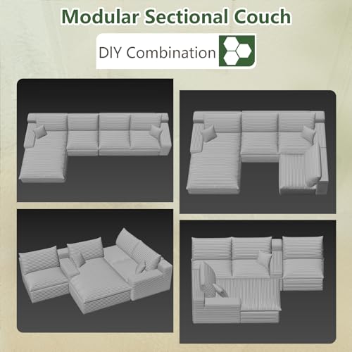 Image of 136 inch Cloud Couch Modular Sectional Sofa for Living Room, L-Shape Boneless Couch with Deep Seat, Modern Corduroy 4-Seater, No Assembly Required (Green,Left-Facing Chaise)