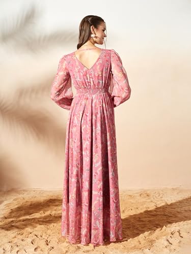 Image of Miss Chase Women's Multicolored-Base-Brown Relaxed Fit Maxi Lurex Chiffon Dress