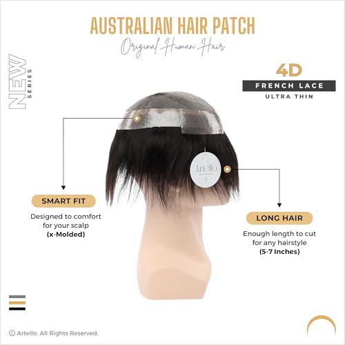 Image of Artello AUSTRALIAN Hair Patch for Men, 4D French Lace, 0.03 mm Invisible Frontal Hairline, Ultra Thin, Trim-able PU, 100% Remy Human Hair Wig (Colour: Natural Black) (7x5)