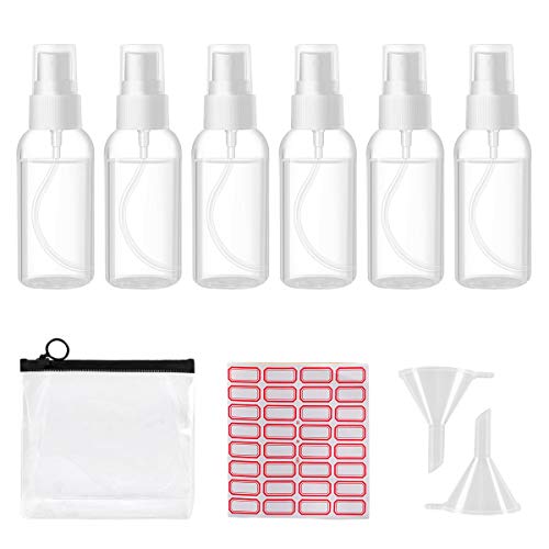6pcs Spray Bottles, 1oz/30ml Clear Empty Fine Mist Plastic Mini Travel Bottle Set, Small Refillable Liquid Containers with 2pcs Funnels and 32pcs Labels (6 Pack)