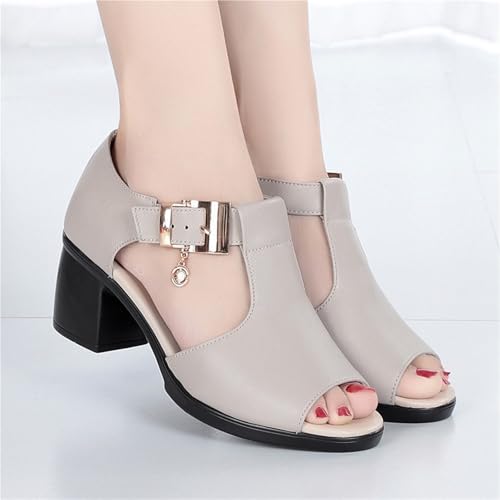 UPGENT Middle-Aged Elderly Women's Leather Sandals Fish Mouth Chunky Heel Buckle Roman Sandals Mother Casual Summer Shoes2