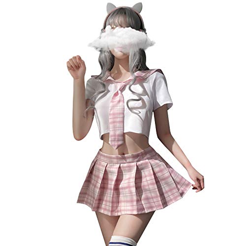 YOMORIO SchoolGirl Outfit Lingerie Anime Lingerie Japanese Korean School Uniform Sailor Plaid Costumes (Pink)