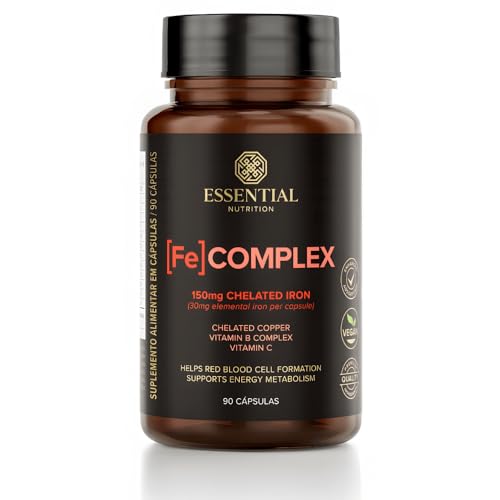 Fe Complex Ferro Quelado + Vitamina C Essential Nutrition – Suplemento de Ferro para Imunidade, Energia e Absorção Eficiente – 90 Cápsulas