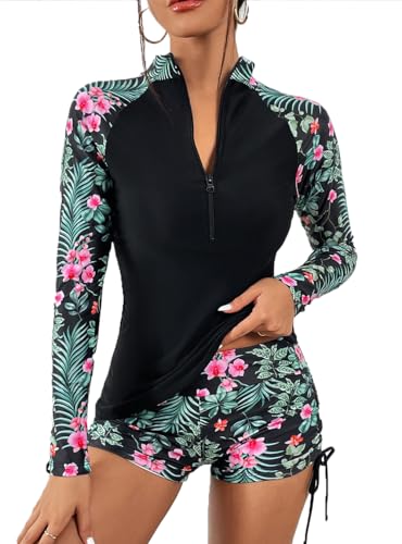 Women's Two Piece Rash Guard UPF50+ Sun Protection Long Sleeve Zip Front Swimsuit Top with Boyshorts Swim Shirt