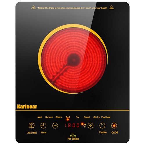 Image of Karinear Portable Electric Cooktop, 1800W 110V Electric Stove Single Burner | Ceramic Cooktop, Sensor Touch Control,Safety Lock, Timer, Overheat Protection, Infrared Burner,Gold