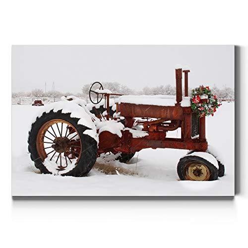 Renditions Gallery Canvas Nature Wall Art Home Paintings & Prints Snow Covered Red Vintage Tractor Modern Winter Festival Decor Wall Hanging for Bedroom Office Kitchen Artwork - 32"x48" LT20
