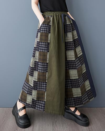 ellazhu Women's Pants Patchwork Two Side Pockets Wide Leg Elastic Waist Baggy Straight Hem Casual GZ429 A3