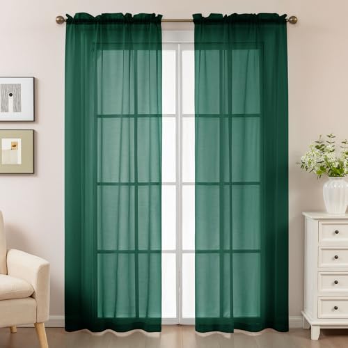Image of Green Sheer Curtains 84 Inches Long, Privacy Semi Sheer Curtains for Living Room Bedroom, Light Filtering Rod Pocket Voile Window Drapes 2 Panels Set, Each 42 inch W x 84 inch L
