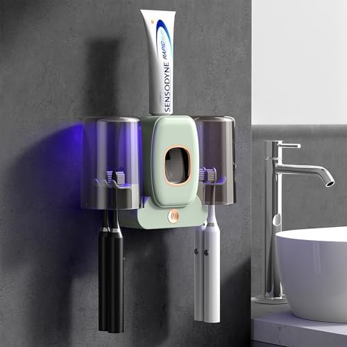 Toothbrush Holders for Bathrooms, Wekity Automatic Toothpaste Dispenser Space Saving Toothbrush and Toothpaste Holder，Toothbrush Holder Wall Mounted with 2 Cups for Bathroom (Green)…