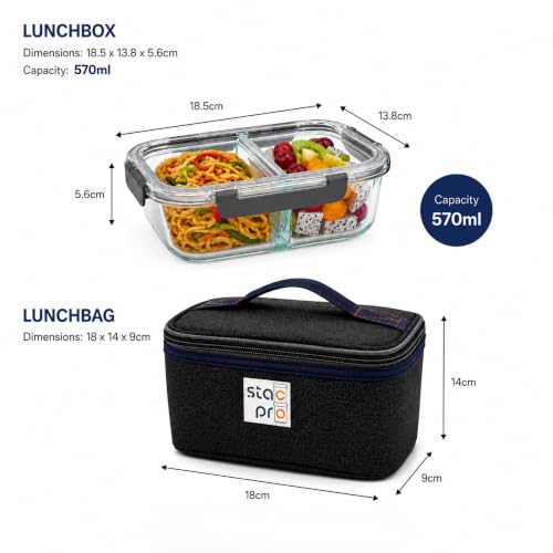 Image of 2 Compartment Glass Lunch Box with Insulated Lunch Bag | Leakproof Airtight Food Storage Container | BPA Free Meal Prep Bento Box for Office, School, College & Travel (570ml)