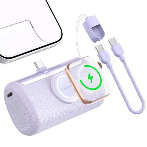 RORRY PalmGo Portable Charger 10000mAh PD 22.5W Fast Charging Mini Power Bank with Built-in USB C Connector 3-in-1 Battery Pack for iPhone 17/16/15 Pro/Max Apple Watch Ultra/11/10/SE iPad Purple