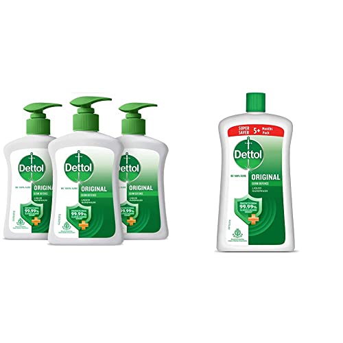 Image of Dettol Liquid Handwash Dispenser Bottle Pump (Pack of 3-200ml each) & Dettol Liquid Handwash Refill - Original Germ Protection Hand Wash- 900ml