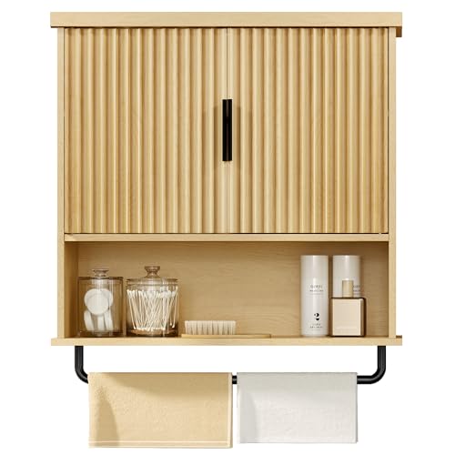 VASAGLE MAXE Collection - Bathroom Cabinet Wall Mounted, Over Toilet Hanging Cabinet with Adjustable Shelf, Towel Bar, Fluted Doors, 7.9 x 23.6 x 28.7 Inches, Transitional, Oak Beige UBBK135Y01S