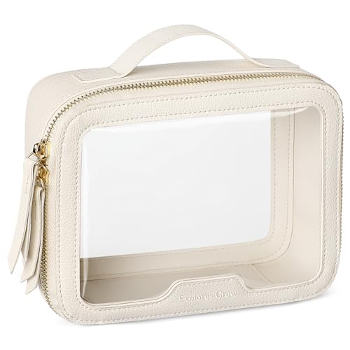 PACKISM Medium Clear Makeup Bag - PU Leather Clear Travel Bags for Toiletries Car Bag for Essentials, with Message Card Cosmetic Bags Makeup Case for Women Gift (Cream Medium)