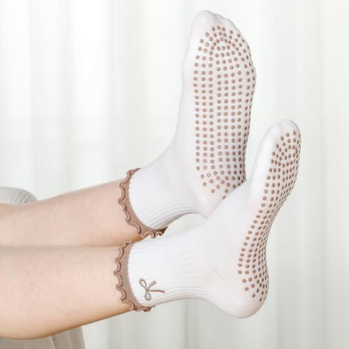 Image of Jeyiour Summer Cute Pilates Socks Women Bow Nonslip Ruffle Yoga Socks with Grip Barre Pilates Gift for Work Dance Fitness