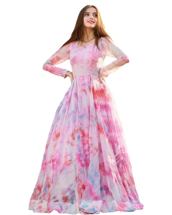 Image of DIGAMBARA Digital Floral Printed Georgette Anarkali Gown for Women, Ethnic Wear, Maxi Length Gown, Round Neck Half Sleeve, Perfect for Festival, Party and Wedding, Pink