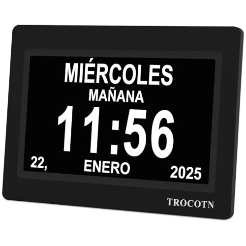 Trocotn - Reloj digital de día, 7 pulgadas, pantalla grande, despertador, reloj de pared, color negro
