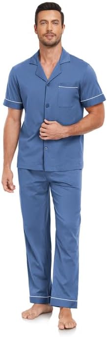 COLORFULLEAF Men's 100% Cotton Pajamas Set Button Down Short Sleeve Sleepwear Long Pants Pjs for Men with pockets - Image 3