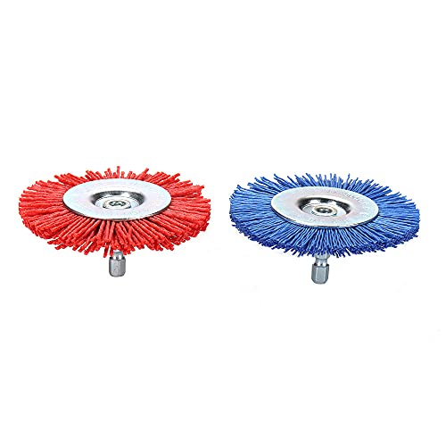 Image of 2 Pack 3 inch Nylon Filament Abrasive Wire Brush Cup Polishing Wheel with 1 /4inch Hex Shank Surface Cleaning Rust Removal Deburring Bule /Red 120 240