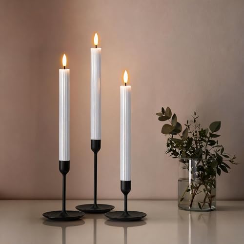 Image of White Flameless Flickering Taper Candles Battery Operated with Remote and Timer, 3D Wick Real Wax Vertical Stripe LED Candlesticks Spring Dinner Wedding Home Decor(3 Pack, 0.79 inch D x 9.8 inch H)