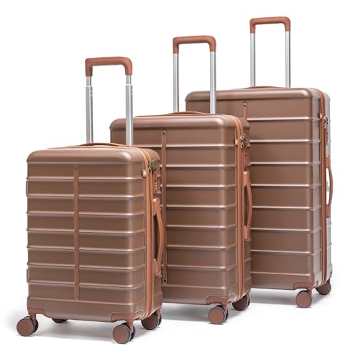 Image of Assembly Odyssey Trolley Bag Set of 3 20, 24, 28 Inch (55, 65 & 75 cm) Hard Shell Polycarbonate Luggage Set Lightweight with TSA Lock 8 Spinner Wheels Brown