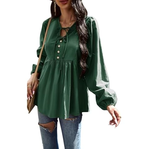 Women's Casual Tops Peplum Blouse Tie V Neck Long Sleeve Babydoll Loose Shirts Blouses Tops, Dark Green XL Cover