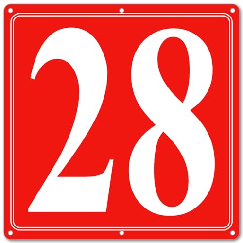 Image of Premium Aluminum Number Signs 28, Metal 12 inch X 12 inch Red Numbered Signs Outdoor for Parking Lots, Floor, Dock, Court, Aisle, Field, High Visibility, No Fade, Weather-resistant