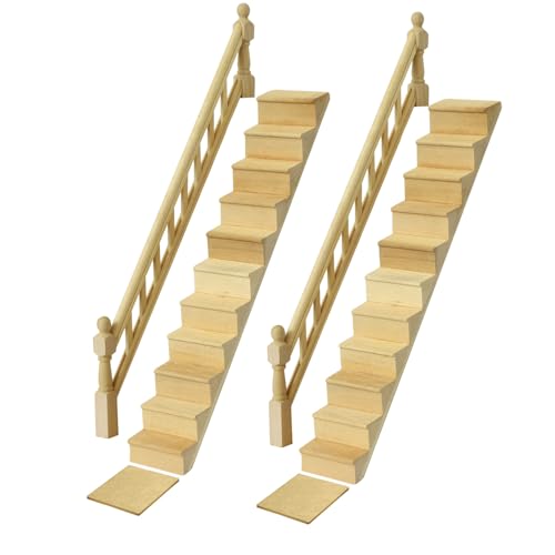 iLAND Miniature Dollhouse Stairs, 1/12 Scale Accessories, Wooden 2 Sets Adjustable with Handrails & Corner Boards