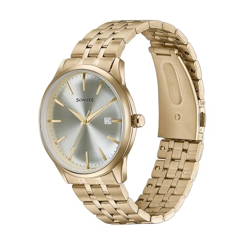 Image of Sonata Wedding Edit Quartz Analog with Date Golden Dial Stainless Steel Strap Watch for Men