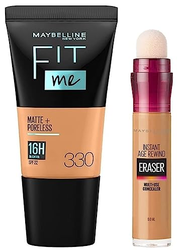 Image of Maybelline New York Instant Age Rewind Concealer, Caramel, 6Ml And New York Fit Me Matte+Poreless Liquid Foundation Medium Coverage For Oily Skin Tube, 330 Toffee, 18Ml, Pack Of 1