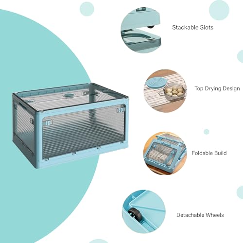 Image of oddpod Stack Genie Collapsible XXL Capacity Storage Box with Detachable Wheels /Multifunctional Transparent Stackable, Portable & Foldable Organizer for Indoor and Outdoor use - Blue