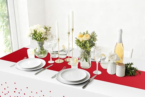 Image of Smiry Plastic Table Cloth Disposable 3 Pack, 54 x 108 Inch Rectangle Waterproof Tablecloth, Printed Gold Table Runner Style for Birthday Weeding, Party Decorations, Leakproof & Sturdy, White and Red